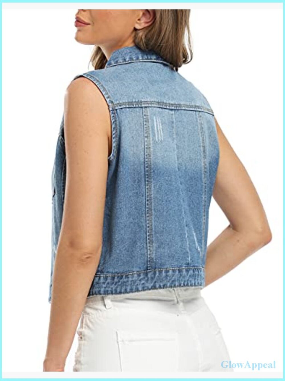 Cropped Distressed Denim Vest Spread Collar Sleeveless Jean Jacket - Picture 5 of 7